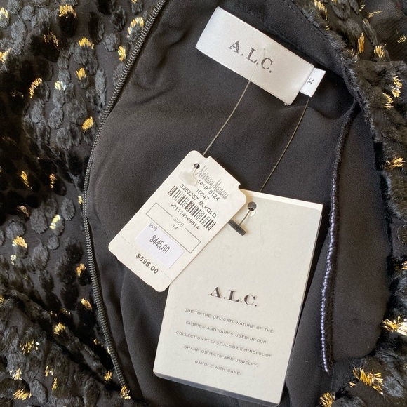 A.L.C. New Jane Velvet Long Sleeve Black Metallic Gold Mini Dress Size 14 - Picture 6 of 13